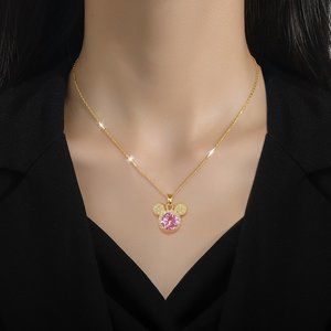3/$35 Mouse Pendant Necklace Gold Chain Pink Gemstone Zirconia Stainless Steel